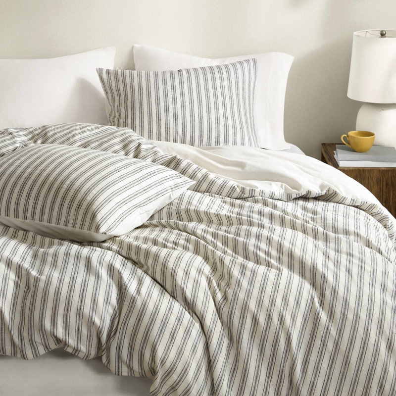 Housse de couette grise 3 pièces avec tissu, confortable et esthétique, esthétique sophistiquée du lin, rayures intemporelles pour le décor de la chambre à coucher, tout confort, attaches de coin au changement, standard 100, machine