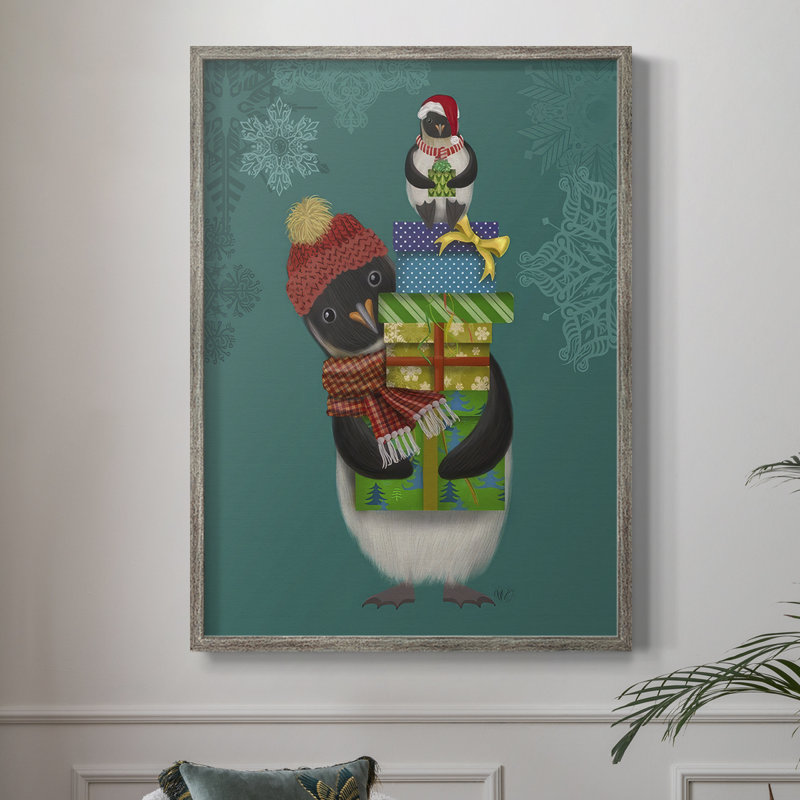 Cadeaux de Noël pingouin, reproduction encadrée - bois massif, H 30 po x l 24 po