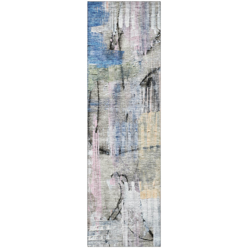 Premium Machine Washable Mayfield AMF2076 Abstract Rug, Blue, 2'3" x 7'6" Runner