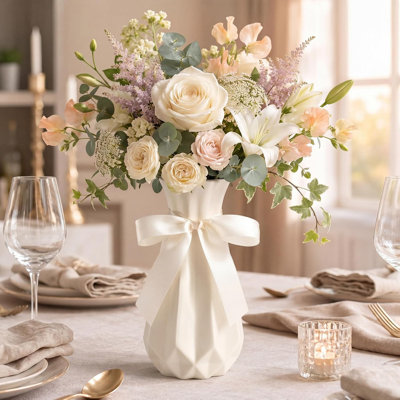 Ensemble de 6 vases en céramique blanche avec ruban, 20 cm, motif origami, vases décoratifs géométriques pour centre de table, décoration intérieure moderne, cadeau pour chambre, bureau