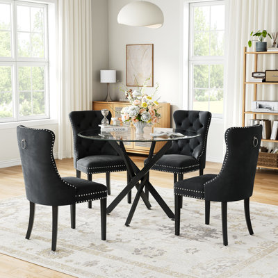 5-Piece Dining Table Set, 36" Round Tempered Glass Table And 4 Tufted Velvet Upholstered Chairs With Nailhead Trim And Pull Ring