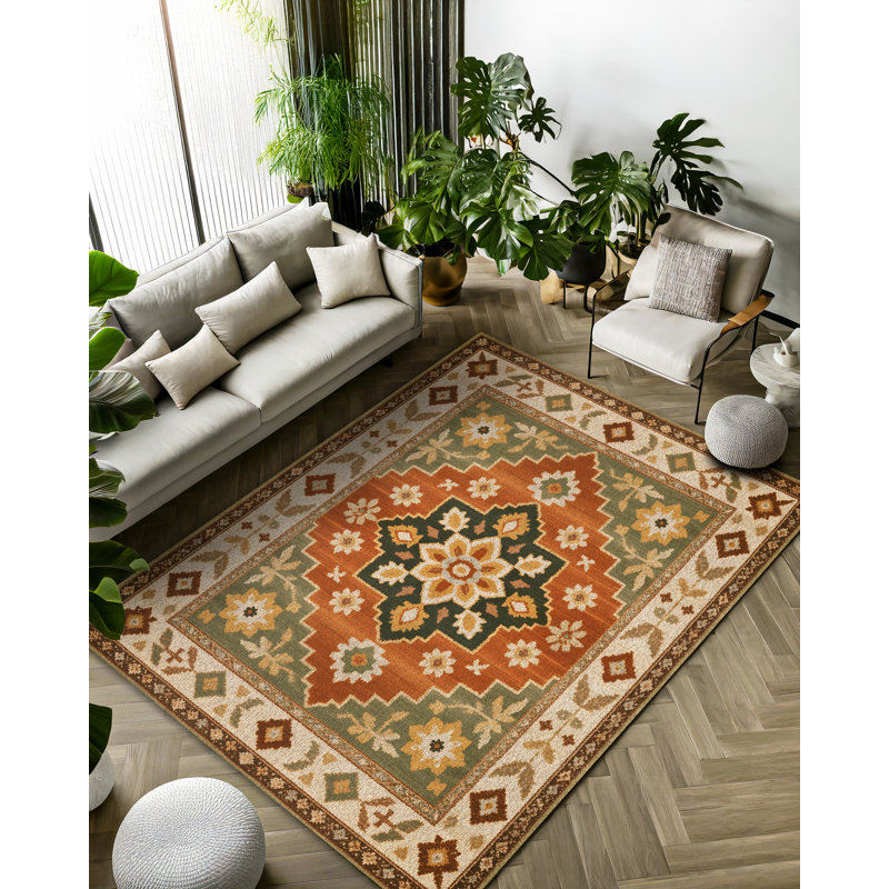Isabel Collection Digital Print Cotton-Polyester Beige Brown Green Moroccan Rug, Rectangle 6'7" x 11'6"