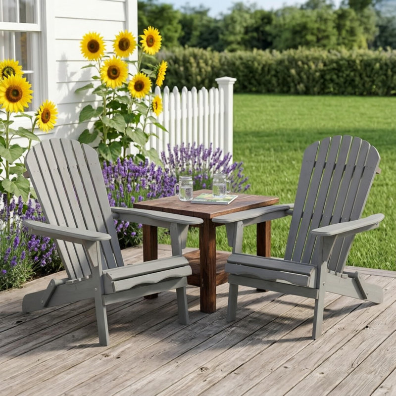 Wooden Folding Adirondack Chair (2-Pack),For Garden, Lawn, Backyard, Light Gray