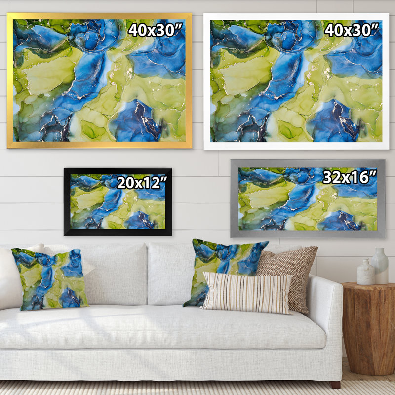 «Blue and Green Luxury Abstract Fluid», peinture sur toile, H 12 po x l 20 po x P 1 po, Cadre doré