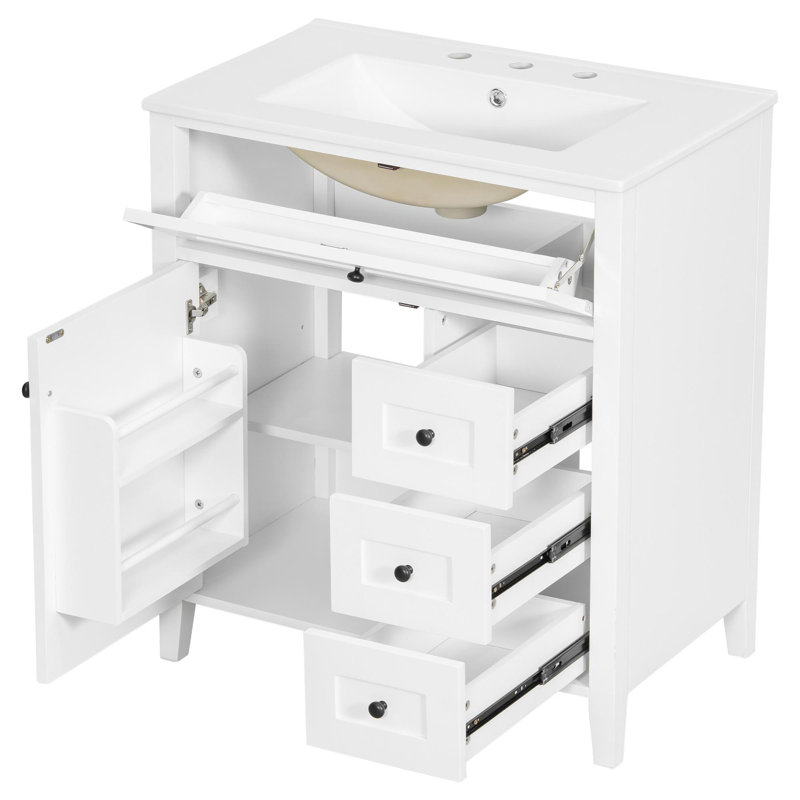 Meuble-lavabo autoportant de 30 po avec lavabo et rangement multifonctionnel, Blanc, 30