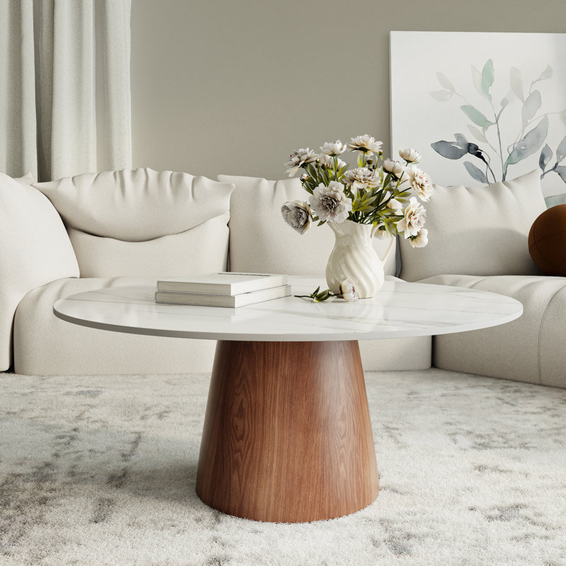 Stone Round Coffee Table Wooden Pedestal Center Cocktail Table Side Table Mid-Century Modern For Living Room & Home Decor