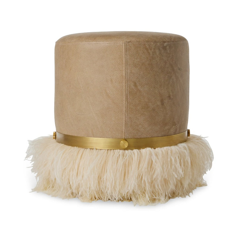 Leather Ostrich Fluff Pouf, Taupe/Cream
