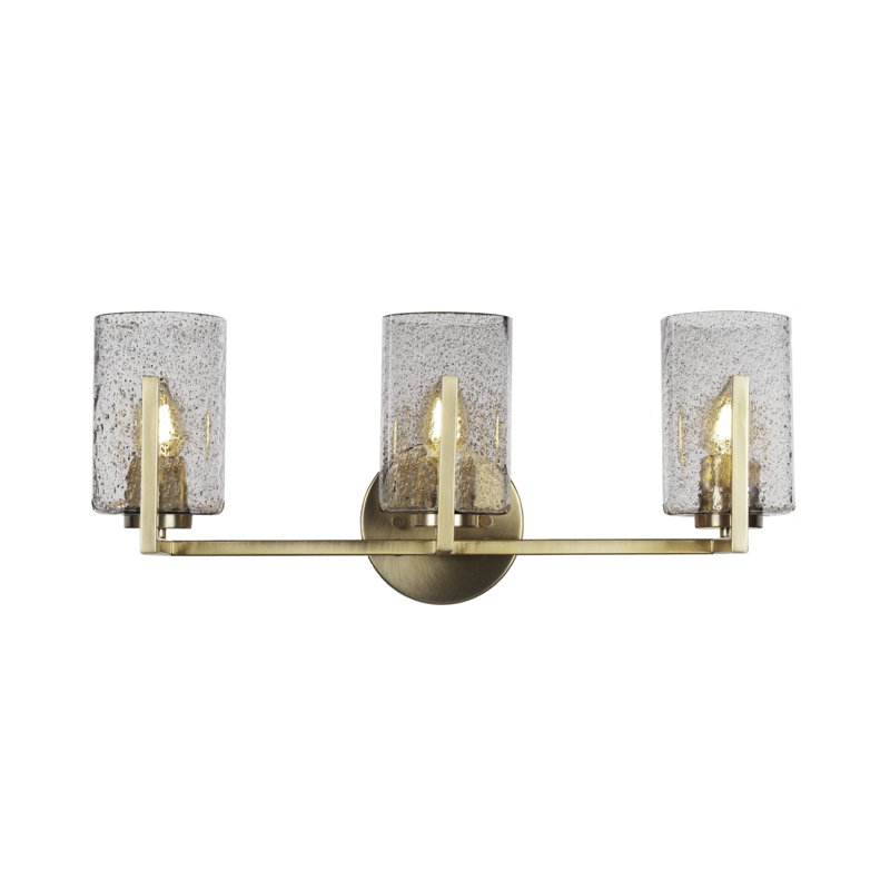 Atlas 3 Light Bath Bar Shown In New Age Brass Finish With 4" Smoke Bubble Glass