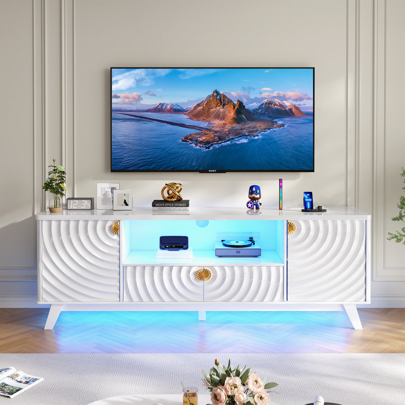 63" W Tv Stand with LED Lights, Charging Station, Storage Cabinets and Open Storage Area, White