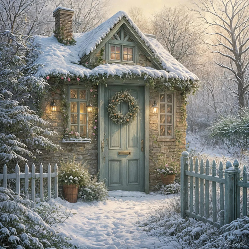 Art mural sur toile Snowy Cottage, H 40 po x l 40 po