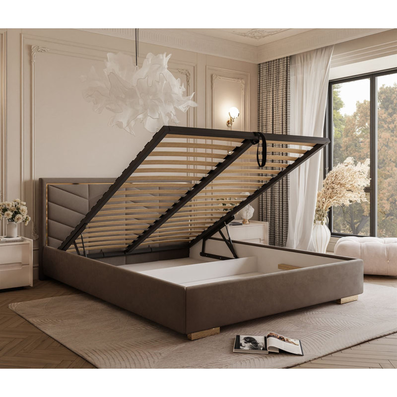 Upholstered Ottoman Storage Bed, Kingsize (5'), Light Brown