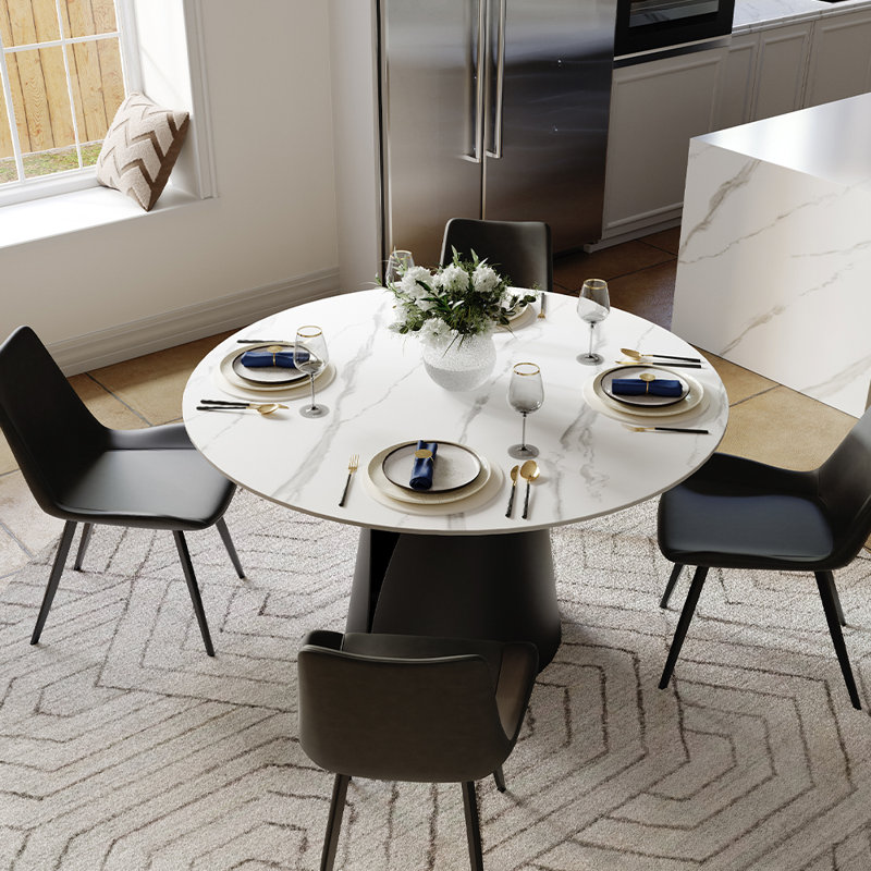  Ensemble de salle à manger moderne, ensemble de table de salle à manger rond pré-assemblé, ensemble de table de salle à manger en pierre frittée avec chaises rembourrées en polyuréthane