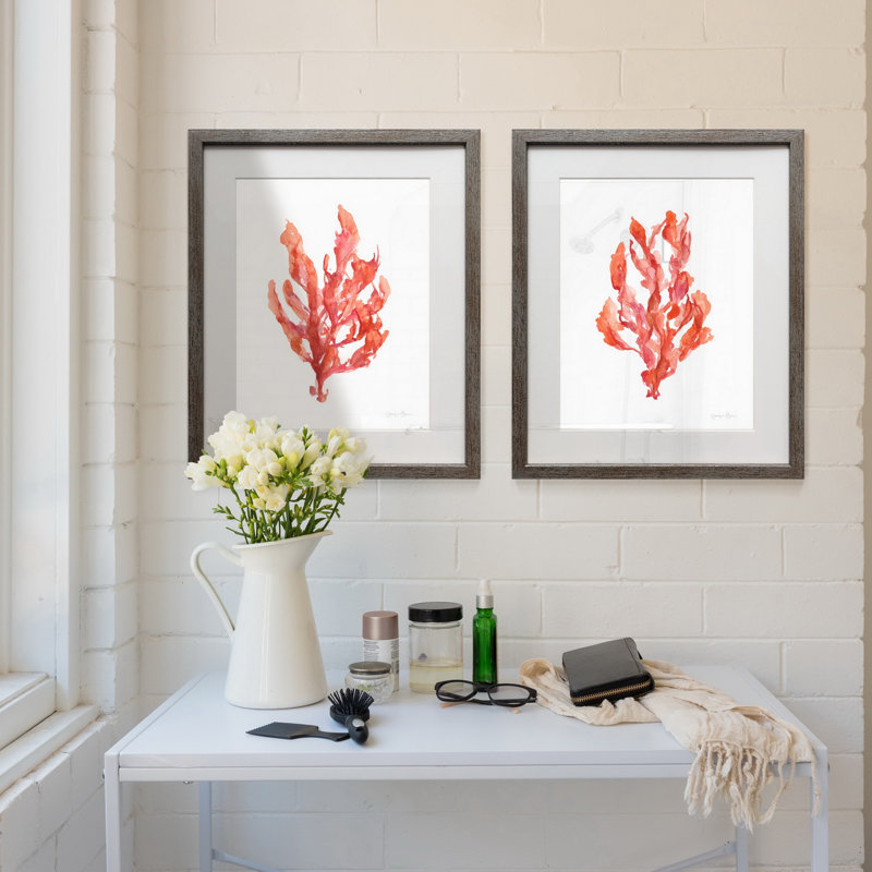 Coral Kelp I - Antique Nautical Study, Matted and Framed Under Acrylic Glass, Set of 2, Coastal Wall Art for Living Room