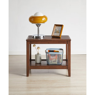 Table de bout en bois d'hévéa massif avec tablette de rangement ouverte