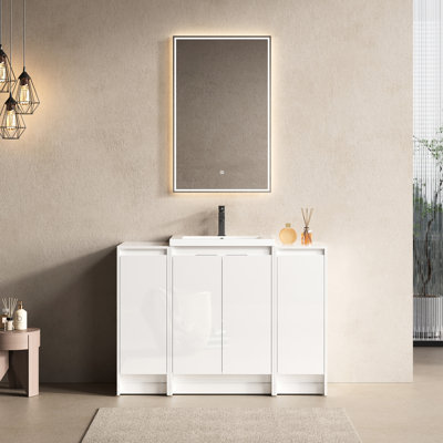 48" Freestanding Bathroom Vanity With Resin Sink, 2 Storage , Soft Close Doors, Glossy White Plywood, Organization Plan Spaces, Door Hinges, Upgrade