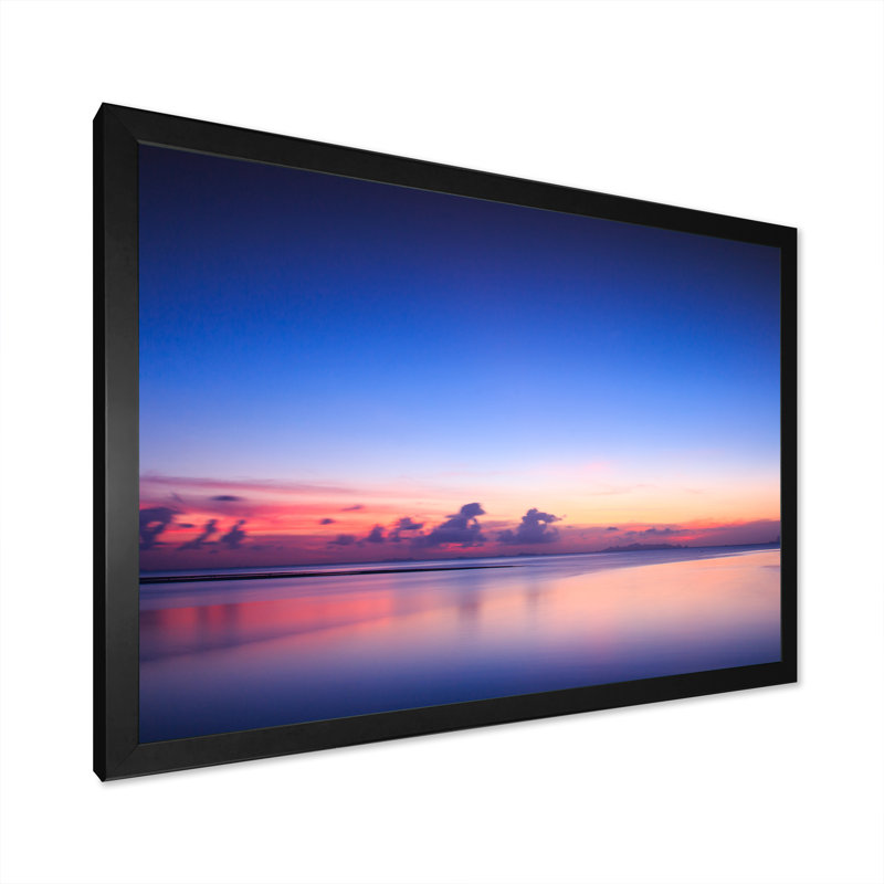«Vibrant Panoramic Tropical Seascape Sunset IV», peinture sur toile, H 8 po x l 12 po x P 1 po, Cadre d'angle fermé noir