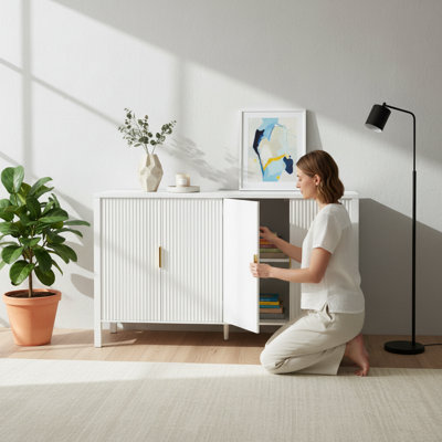 Modern 57.5" Stripe Door Storage Cabinet, 4-Door Sideboard With Back-Of-Door Storage, Adjustable Shelves For Living Room, Dining Room | Gift Idea