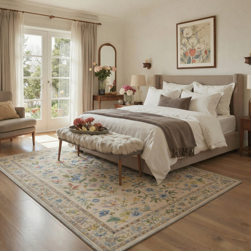 Allsop Verdant Floral Machine Washable Beige / Green / Blue Indoor Area Rug with Non-Slip Backing, Rectangle 8' x 10'