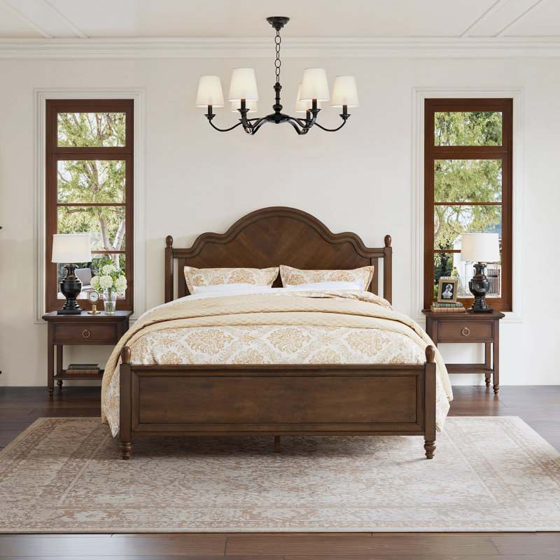Mid-Century Modern Solid Wood Bed with Herringbone-Inspired Pattern Headboard, Queen, Dark Walnut