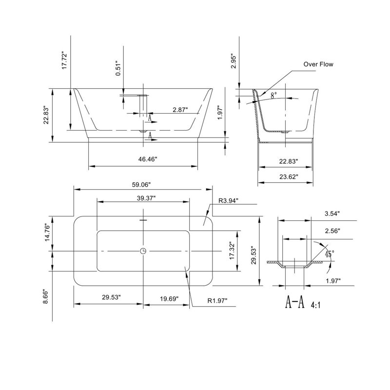 59" X 30" Freestanding Rectangular Soaking Acrylic Bathtub, In White, With Polished Chrome Overflow And Drain