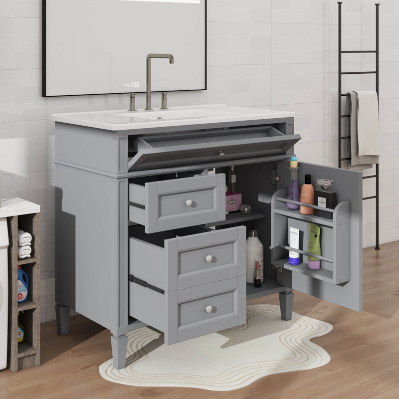 Meuble-lavabo de 36 pouces avec lavabo sur le dessus, armoire de rangement moderne, 2 tiroirs et un tiroir basculant, Gris
