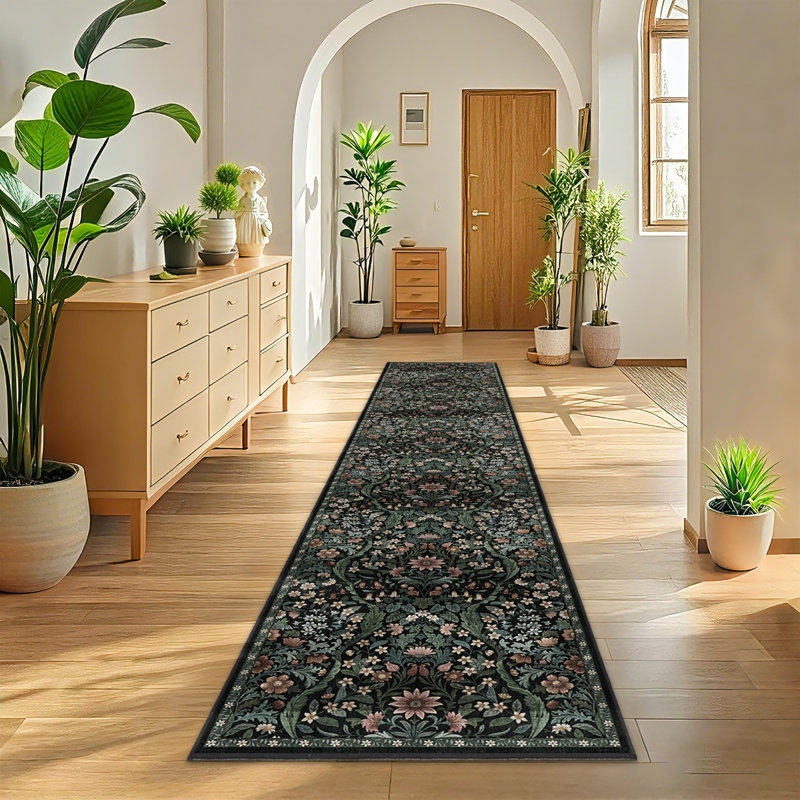 Washable Area Rug - Vintage Boho Botanical Low-Pile Rug, Black, Runner 2' x 10'