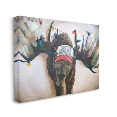 " Holiday Lights Moose Antlers Deck The Halls Hat " by Kamdon Kreations Painting Print