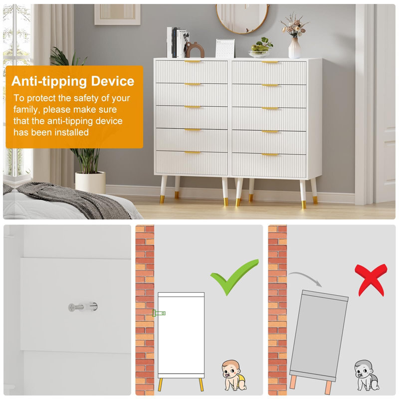 Fluted 5 Drawer Dresser, With Gold Metal Handles, White