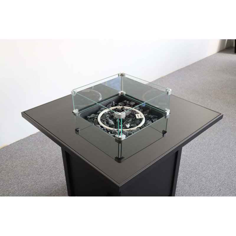 Fire Pit With Powder-Coated Finish And Smoked Glass Top, Black