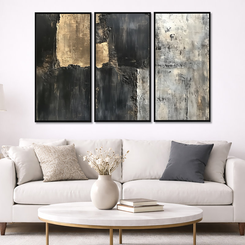 «Slab Collage», art mural abstrait gris et noir sur toile - ensemble de 3 toiles encadrées sur toile Gaige, H 40 po x l 60 po