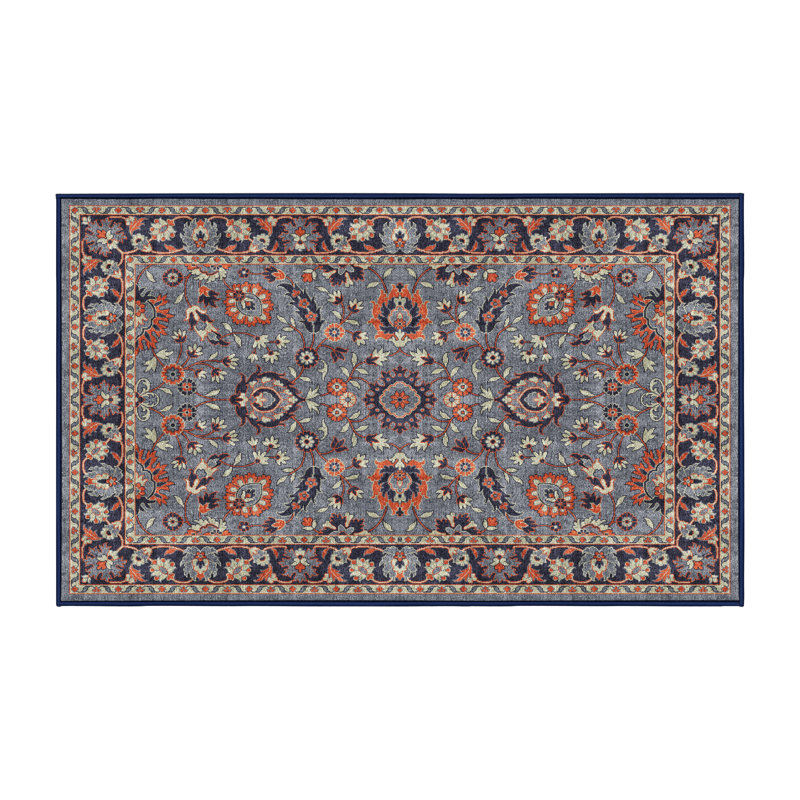 Tapis bleu / noir en chenille / polyester tissé à la machine Flam, Rectangle de 5 pi x 8 pi