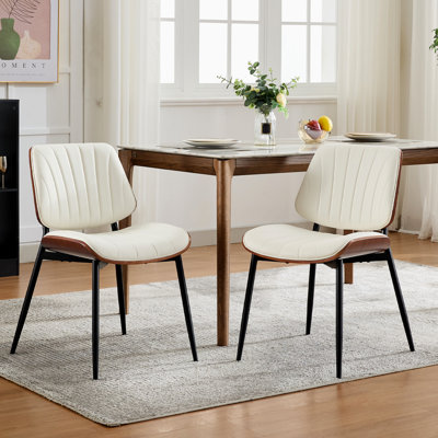 Set of 2 Dining Chairs, Mid-Century Modern PU Leather, Walnut Bentwood, Kitchen Island, White