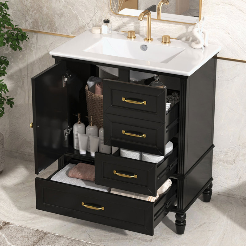 Meuble-lavabo 30 po avec lavabo, Noir, noir, noir, noir, Doré