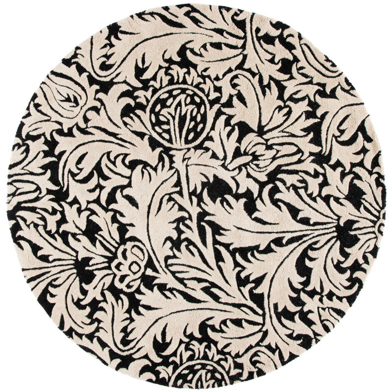 Candelo Soho Hand Tufted Wool/Cotton/Latex Floral Rug in Black/Beige, Round 6'