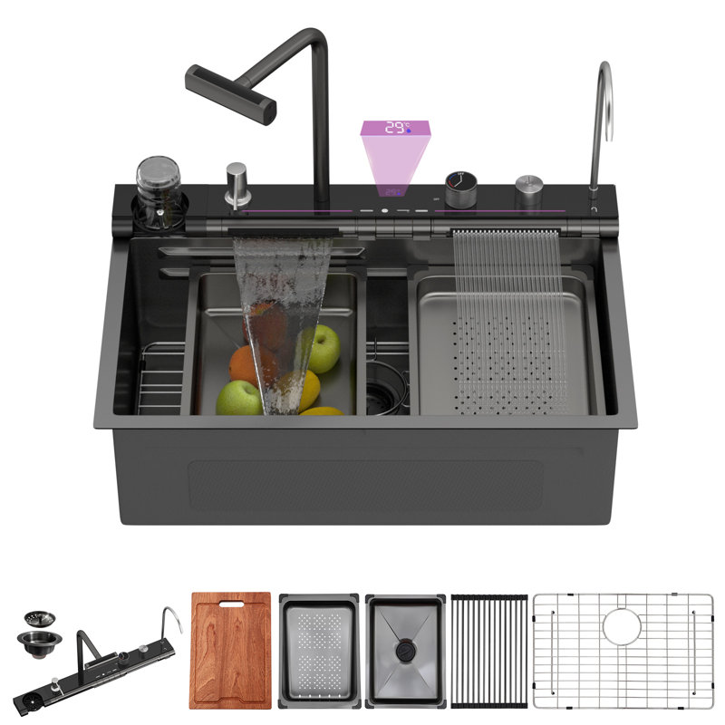 30" L x 19" W Workstation Drop-In Waterfall Kitchen Sink Stainless Steel 16 Gauge Multifunction Single Bowl Kitchen Sink with Faucet Combo
