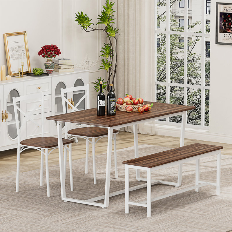 Ensemble table et chaises avec dossier, style industriel, structure solide, 4 Pieces: Table, Bench, 2 Chairs