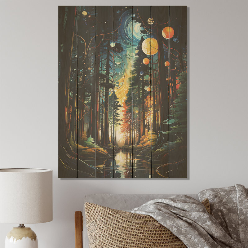 «Moonlight River Retreat Into The Forest II» - Forêt et rivière sur bois, H 20 po x l 10 po
