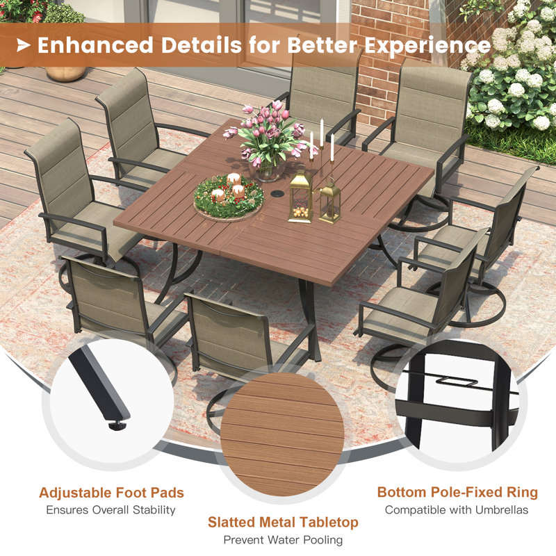 Patio Dining Set with 8 Padded Swivel Dining Chairs and 59" Square Dining Table, Brush Wood Brown/Brown