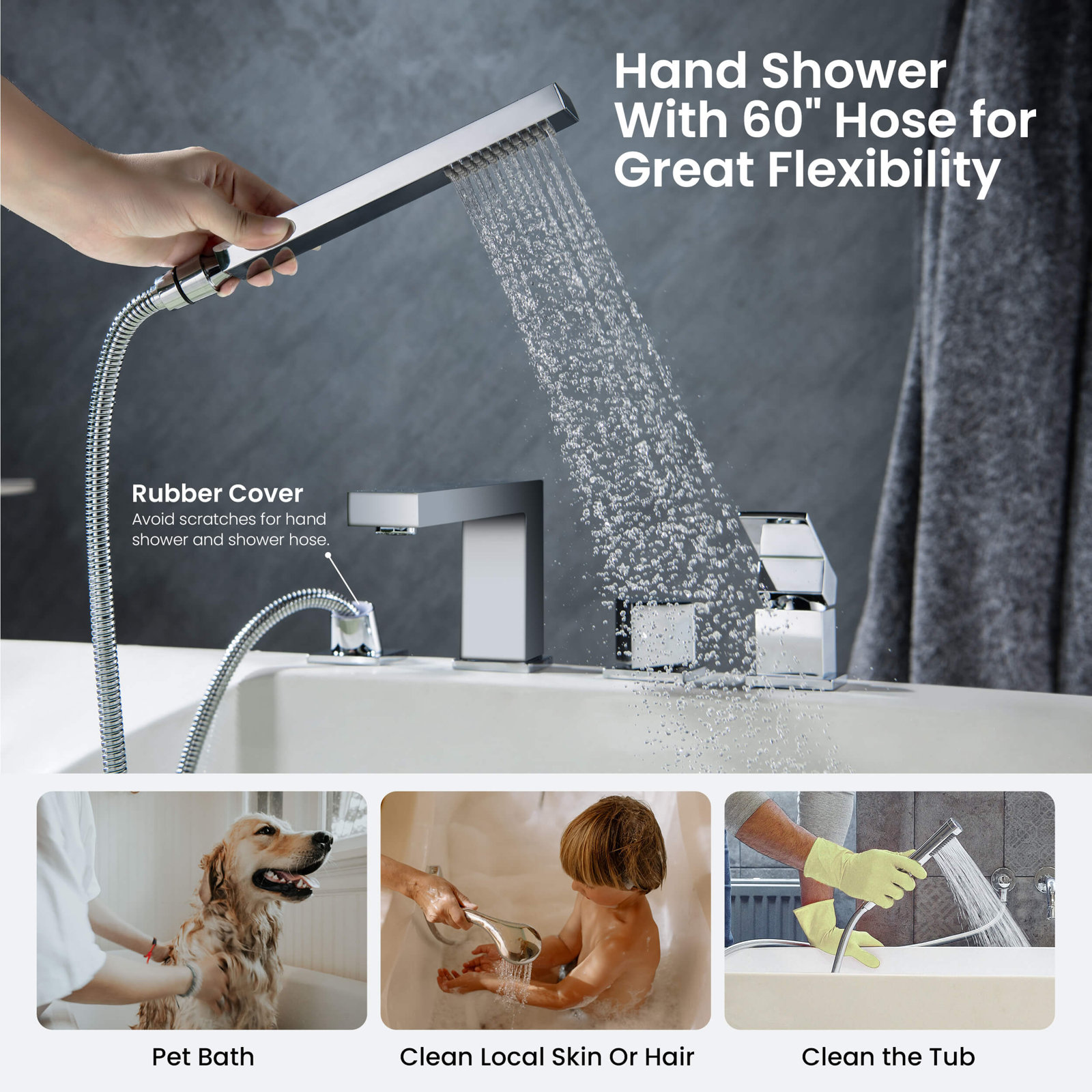 Cube Deck-Mounted Tub Filler with Diverter, Chrome