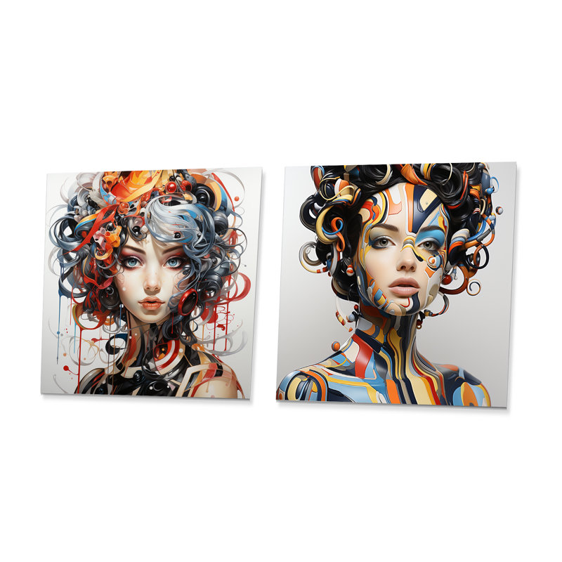 «Digital Dreams Cybernetic Woman Portrait I», art mural en métal carré, ensemble de 2, H 36 po x l 72 po