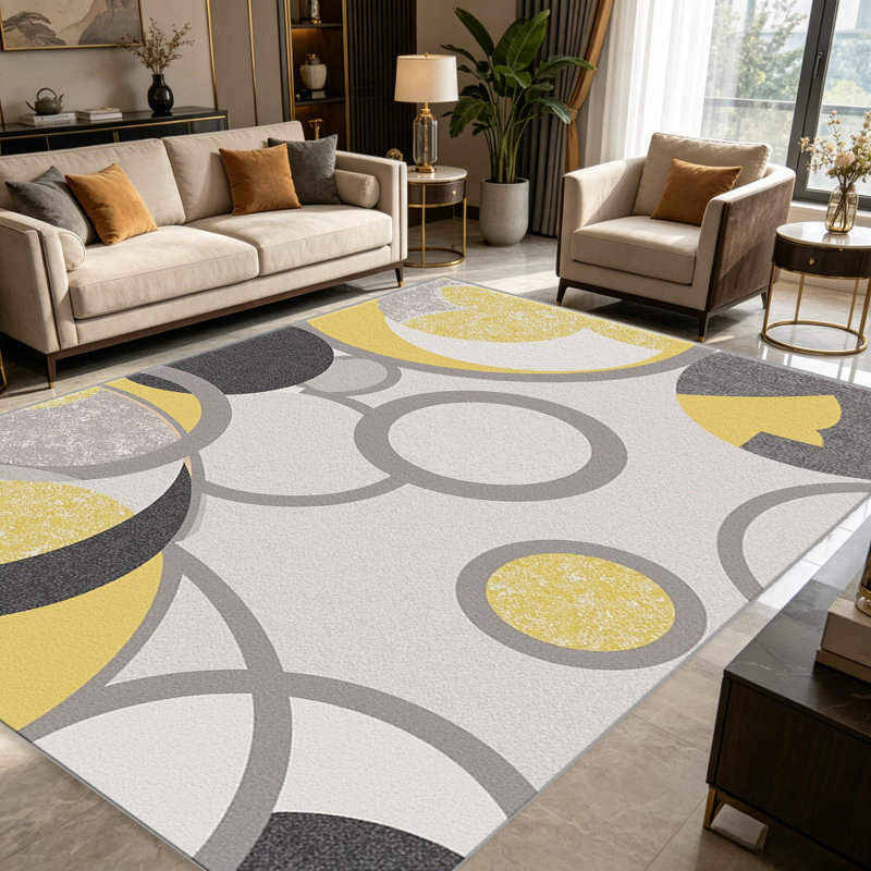 Abstract Circles Grey Yellow carpet-easy to clean, machine-washable, soft and comfortable; suitable for door mats, kitchens, living rooms, bedrooms, corridors, and laundry areas. Easy to clean, durable carpet for home decoration.