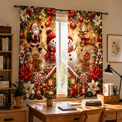2Pcs Christmas Festive Curtains, Cute Santa Snowman Reindeer Gingerbread Man Pattern Modern Holiday Window Drapes For Living Room Bedroom Kitchen Home Decor