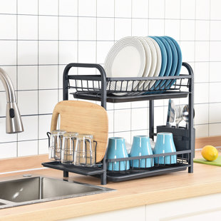 Mainstays 2 Piece Plastic Kitchen Sink Set, Dish Rack with Slide-Out Drip Tray, Black