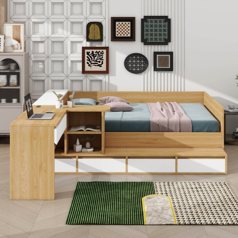 Lit plateforme double en bois avec six tiroirs, des tablettes et une coiffeuse, Natural