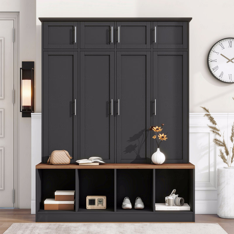 Arbre d'entrée polyvalent avec 4 crochets de suspension, banc à grain de bois brun avec plusieurs espaces de rangement, armoire d'entrée avec compartiments ouverts pour le salon, couloir