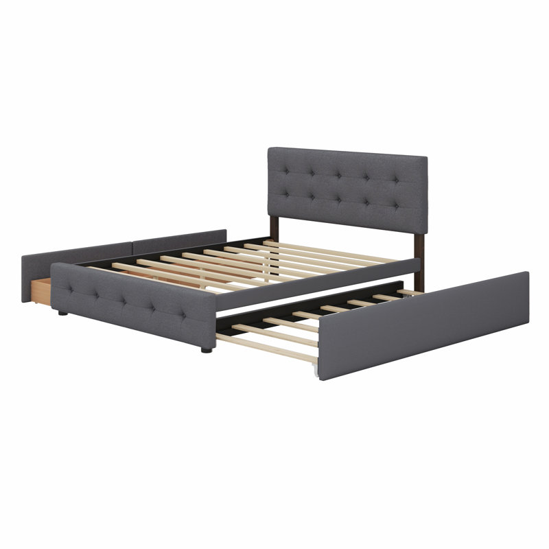 Lit plateforme tapissier avec 2 tiroirs et lit gigogne, Gris foncé