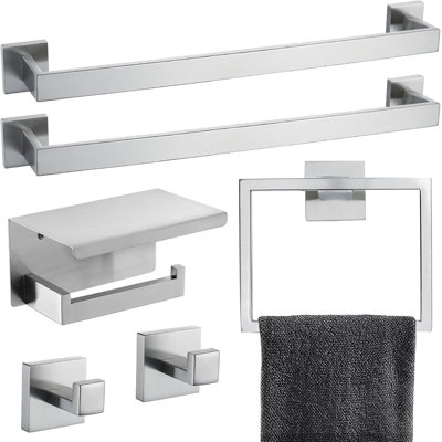 Ensemble de quincaillerie de salle de bain 6 pièces - Porte-serviettes mural en acier inoxydable, anneau à serviette, crochet à manteau et porte-papier hygiénique avec tablette - Accessoires de salle de bain durables et imperméables