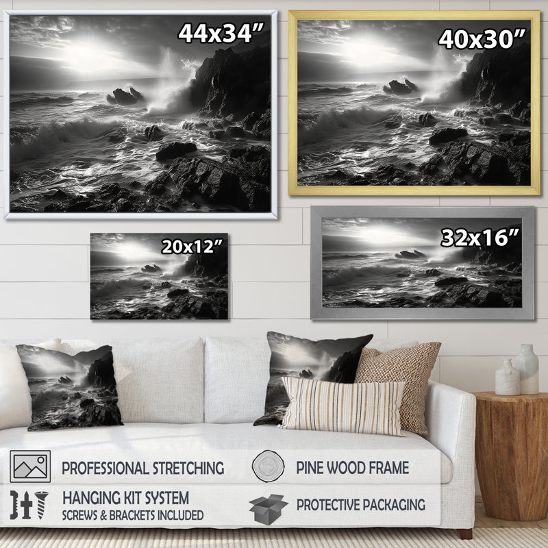 Paysage de plage rocheuse sur toile, H 12 po x l 20 po x P 1 po, Cadre flottant noir