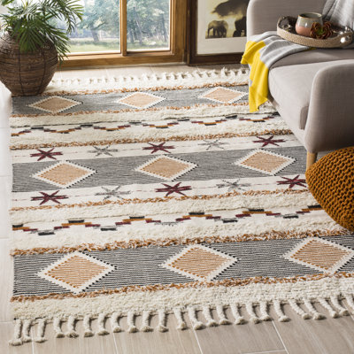 Tapis ivoire / gris en laine / coton noué à la main de style sud-ouest Bakerhill