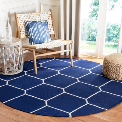 Rodgers Hand Woven Flat Weave Wool/Cotton Geometric Rug in White/Blue
